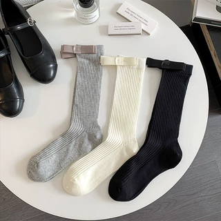 中筒袜子女白色春夏薄款饰品大蝴蝶结堆堆袜网眼镂空JK少女袜日系