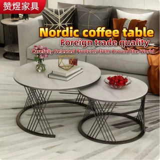 Nordic Light Luxury Iron Frame Round Slate Coffee Table Set