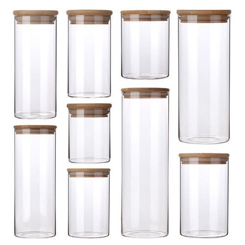 High borosilicate glass sealed jar food grade kitchen grain tea storage jar storage jar bamboo lid round transparent