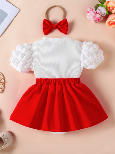 Sweet Love Triangle Onesie, White Bubble Sleeve with Big Bow Hairband Baby Princess Dress Triangle Top