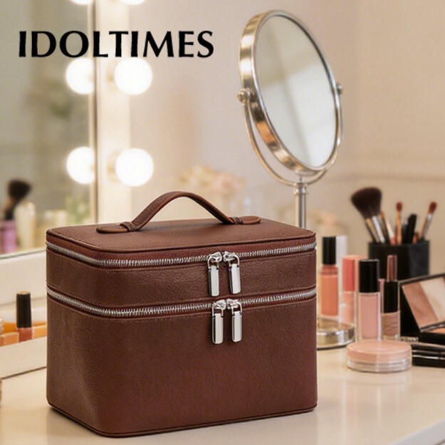 Factory In-Stock Cross-Border New Model Double-Layer Makeup Bag, Large Capacity Makeup Case, Pu Leather Convenient Toiletry Waterproof Storage Bag