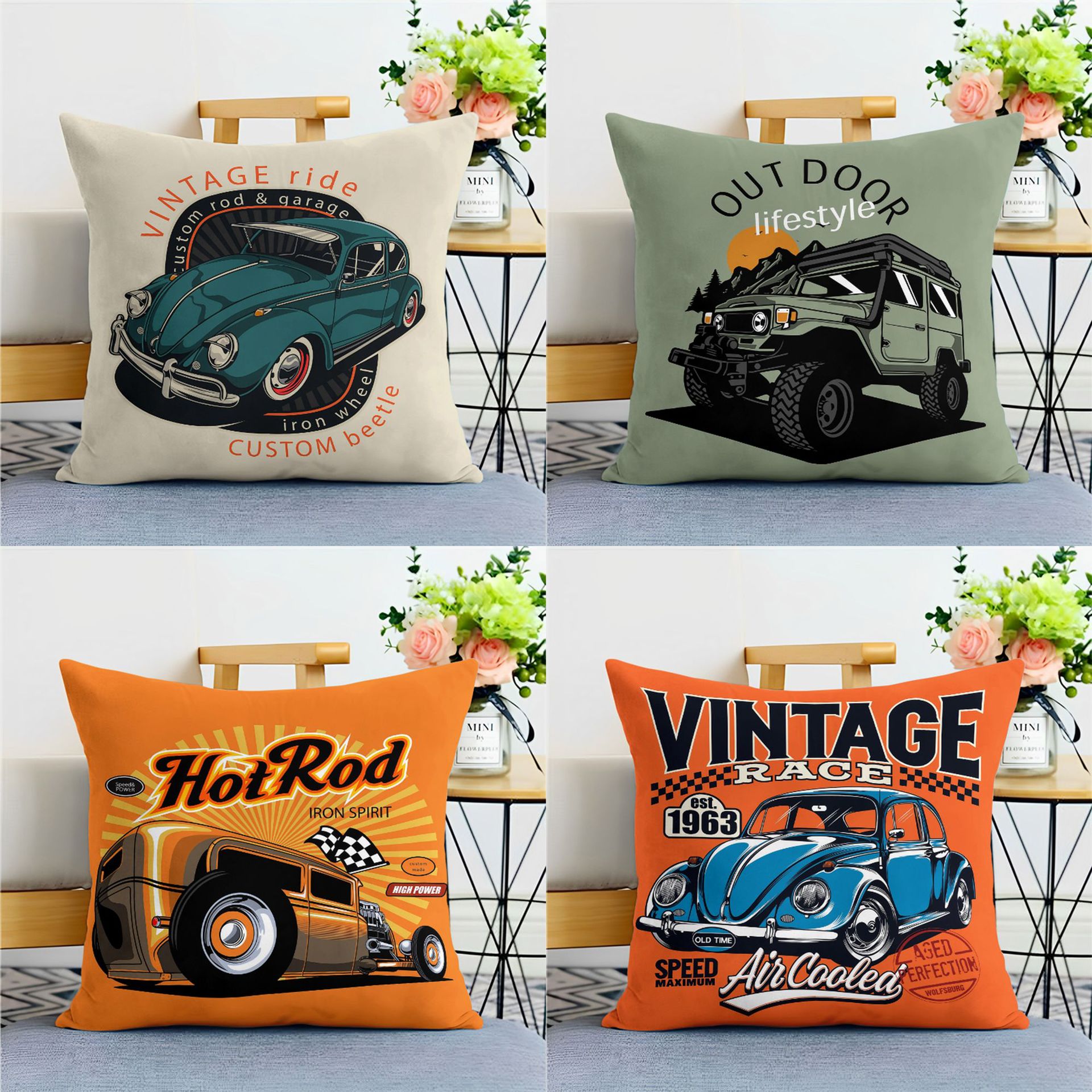 Classic Car Poster Pillow, Retro American Illustration, Bedroom Bedside Pillow, Lunch Break Car Cushion Pillow, Removable and Washable