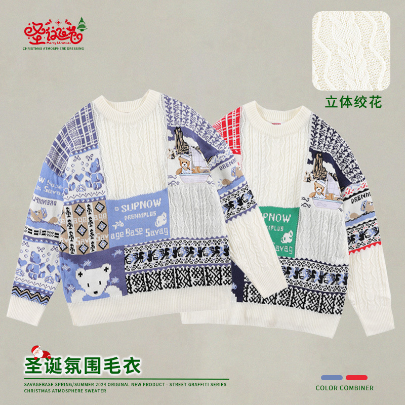 Autumn and Winter Bear Christmas Knitwears for Men and Women Japanese Style Retro Splicing Stereo Cable Design Couple Knitted Knitwears Cross-Border