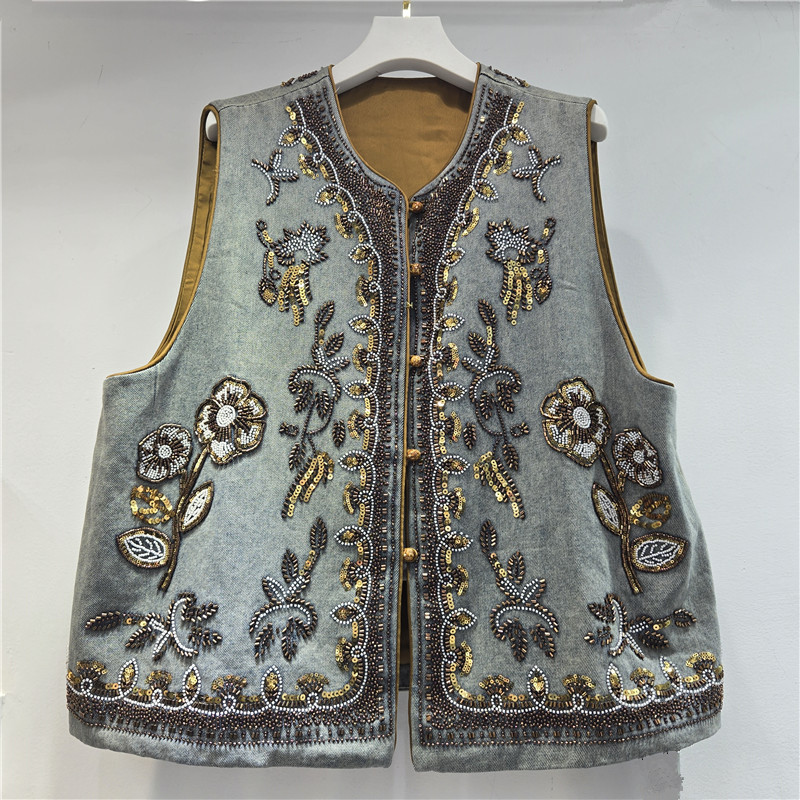 Estación europea de la industria pesada bordada esquinilla clavos chaleco denim de cuello redondo ropa de mujer plegable alta sensación de moda camisa de mujer image 1
