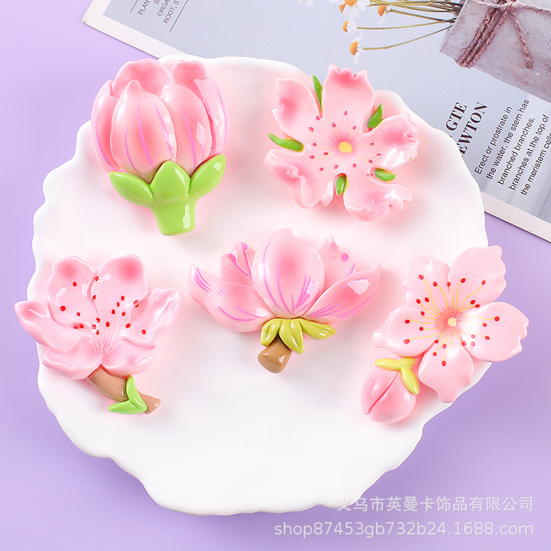 인기있는 꽃 시리즈 복숭아 꽃 수지 액세서리 DIY 전화 케이스 냉장고 스티커 키 체인 헤어 액세서리 자동차 액세서리 신발 꽃 스티커