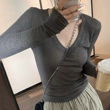 夏季美式V领长袖t恤女防晒罩衫慵懒感薄款空调衫内搭打底衫上衣女