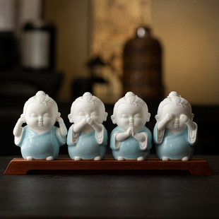 Chinese-style Four-not-little Taoist Tea Pet Decoration Zen Antique Frame Decoration Ceramic Figure Tea Room Tea Table Tea Table Decoration