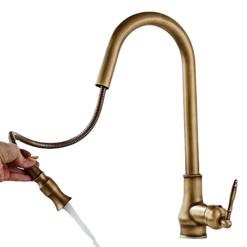 Transfronterizo retro de estilo Europeo tirón grifo antiguo cepillado oro color vegetal cuenca tirar de la cocina grifo caliente y fría
