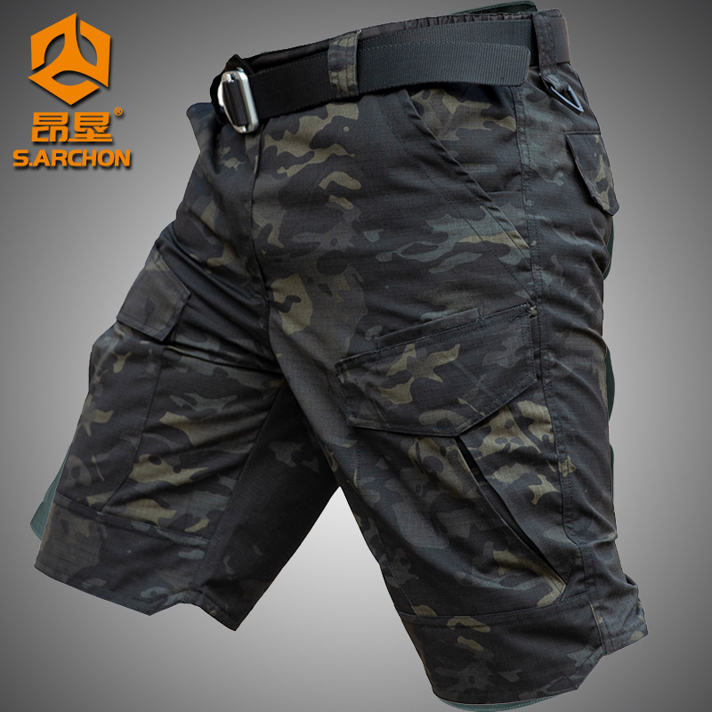Eagle Knit Summer Thin Tactical Pants for Men, Quick-Dry Camouflage Shorts with Multiple Pockets, Outdoor Workwear Half Pants, 5-Finger Shorts, Waterproof