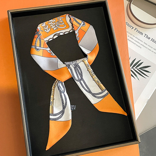 European and American fashion chain retro small silk scarf women's hairband decorative scarf thin long strip streamer spring and autumn small scarf