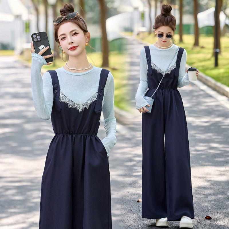 Корейская атмосфера носить костюм женский 2025 весна новый кружевной сшитый свободный ремень брюки повседневный набор из двух частей