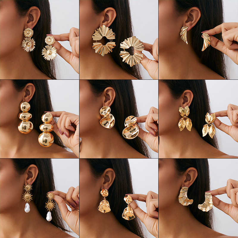 欧美跨境饰品设计感轻奢褶皱几何耳钉earrings 甜酷光面圆形耳饰|undefined