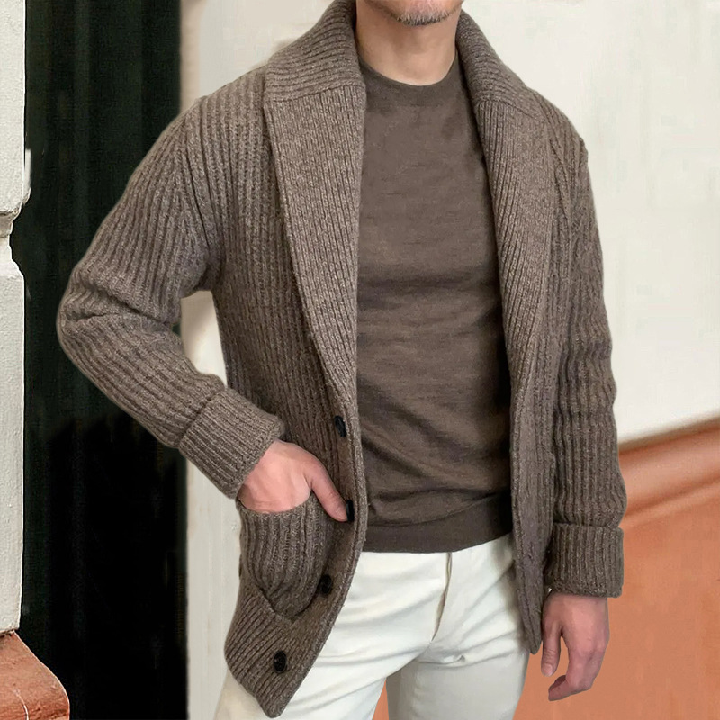 European and American Knitted Cardigan Lapel Long-Sleeved Sweater Jacket Cross-Border Retro Fashion Amazon Plus Size Men's Clothing