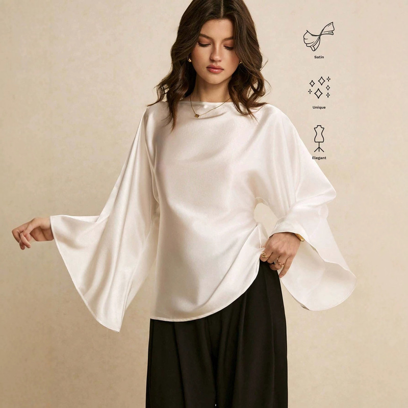 2026 New Cross-Border Amazon Round Neck Shirt Top for Women, Solid Color, Long Sleeve, Fall Season, Draped Sleeves, Batwing Sleeves 2026 New Cross-Border Amazon Round Neck Shirt Top for Women, Solid Color, Long Sleeve, Fall Season, Draped Sleeves, Batwing Sleeves