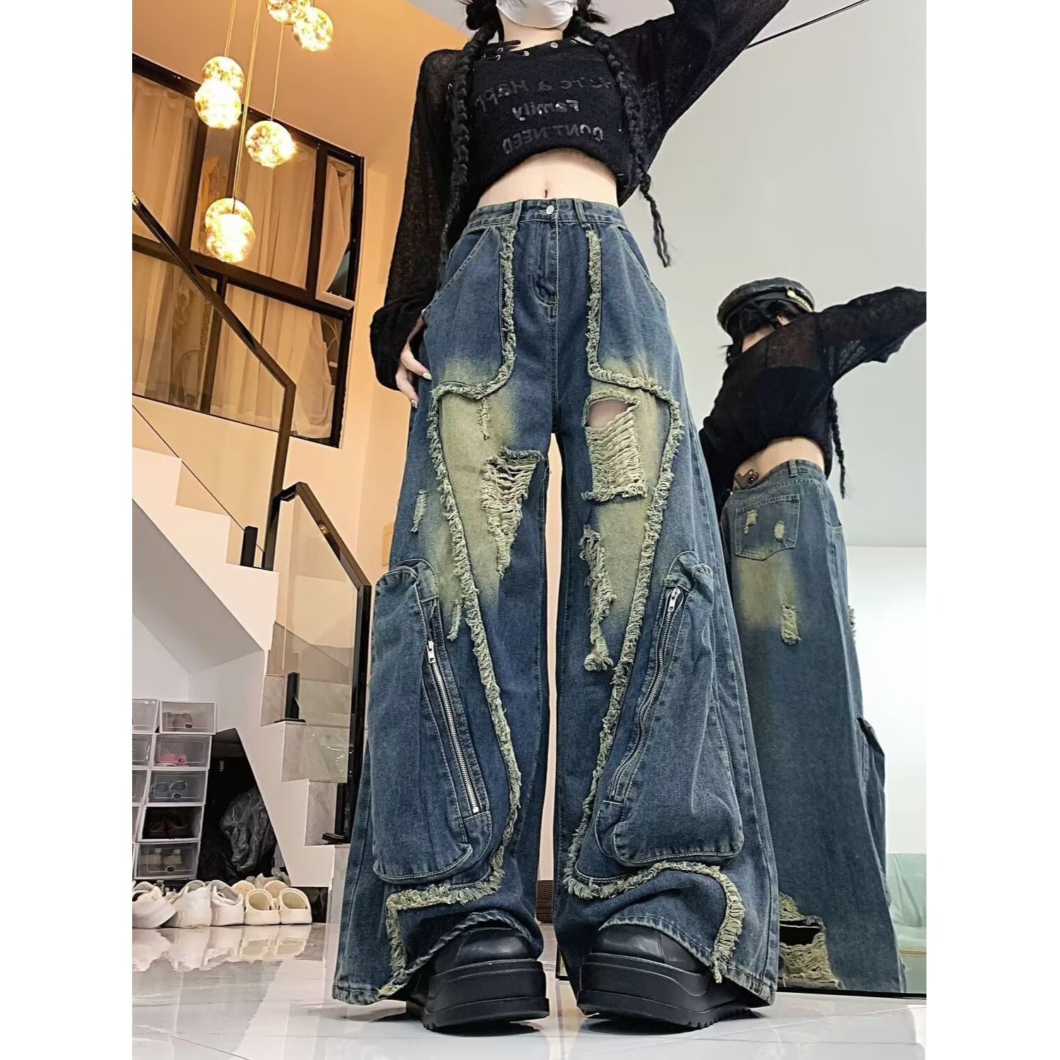废土风做旧复古破洞牛仔裤女秋季美式设计感宽松垂感直筒阔腿裤子