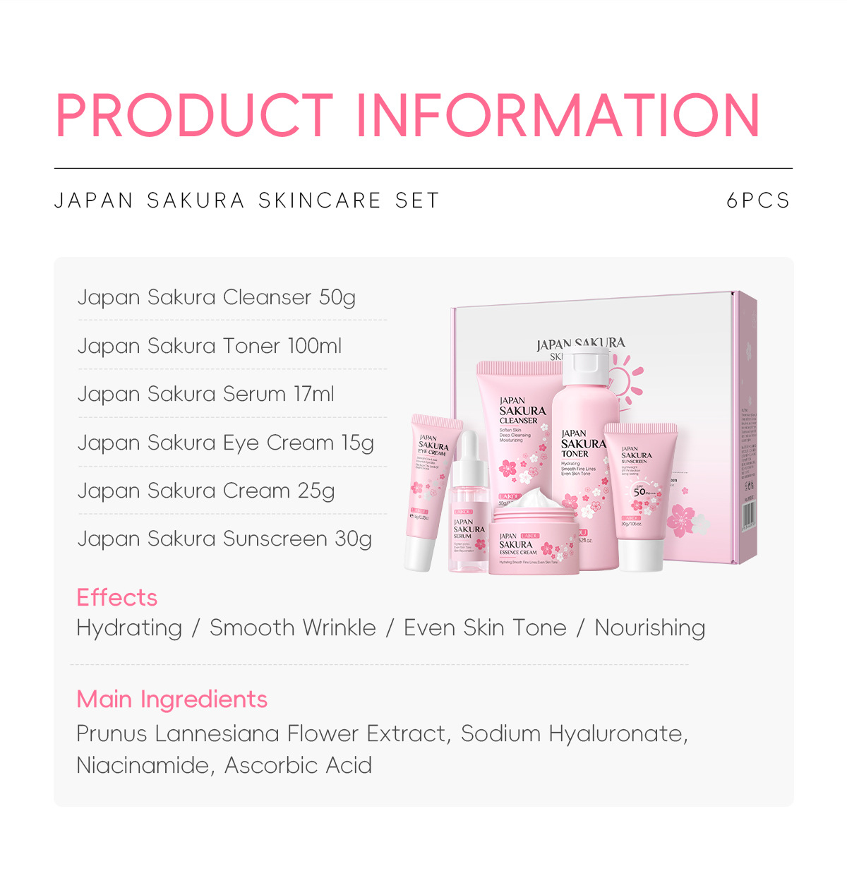 LAIKOU Cherry Blossom Skincare six-piece Set: Facial Cleanser, Essence, Eye Cream, Face Cream, Toner, sunscreen, Cross-border Item Picture