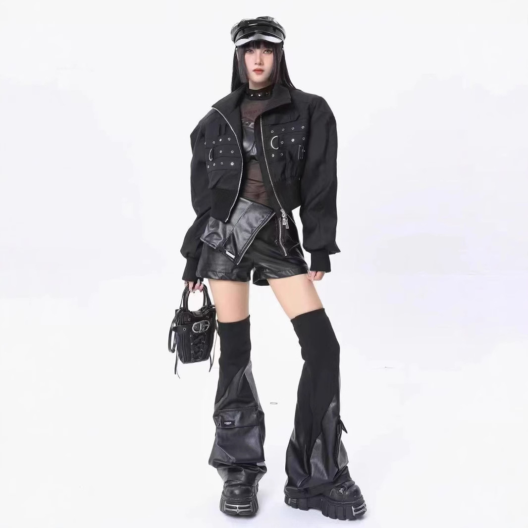 暗黑腿套RO螺纹皮质袜套女ins设计感过膝靴套拼接立体口袋机能风