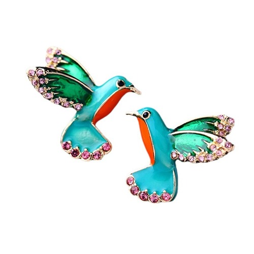 Stylish European and American enamel stud earrings with a unique drop-oil design—women's diamond-encrusted jewelry featuring flying birds and vibrant hummingbirds.