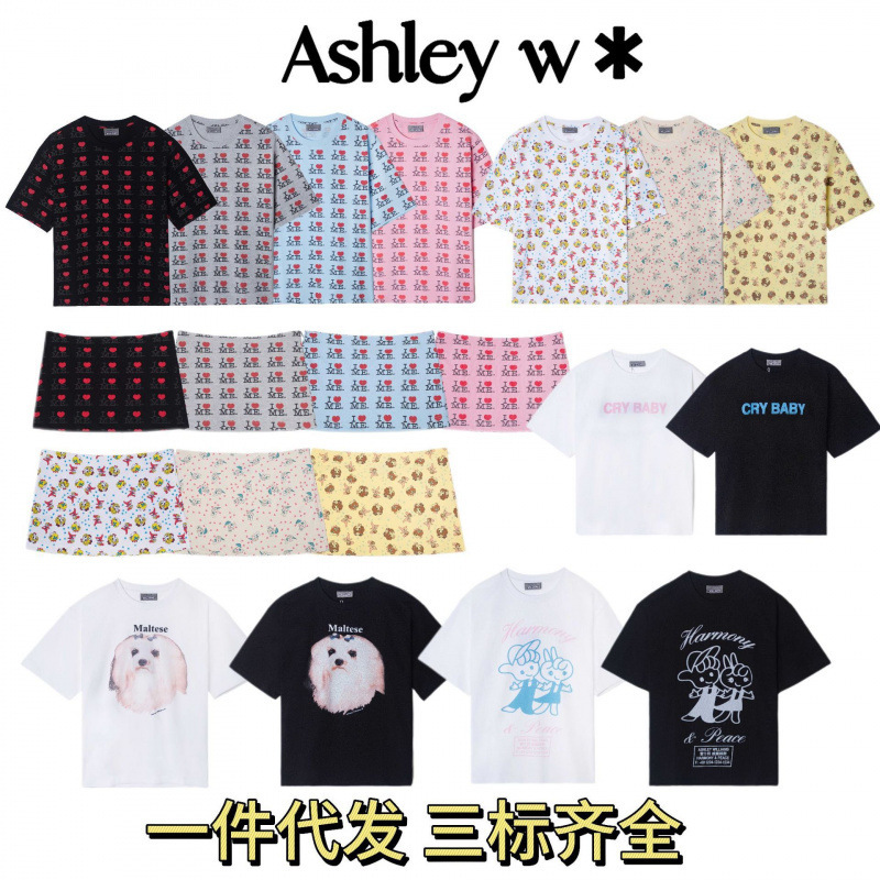 European and American Trendy Brand Ashley W* American-Style Full-Print Short-Sleeved Korean-Style Casual Loose Couple's Round-Neck T-Shirt for Men and Women European and American Trendy Brand Ashley W* American-Style Full-Print Short-Sleeved Korean-Style Casual Loose Couple's Round-Neck T-Shirt for Men and Women