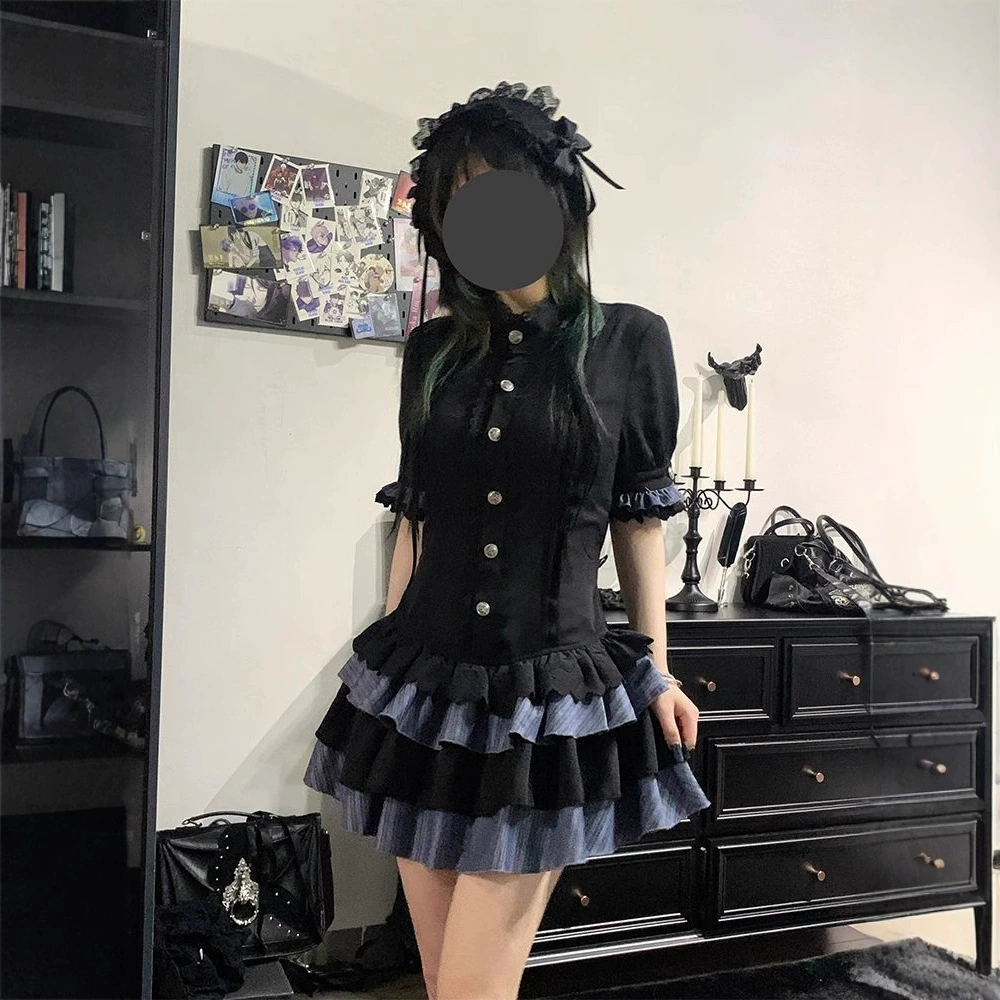 Летнее новое готическое темное платье с короткими рукавами в стиле y2k, женское утягивающее короткое платье Yabi