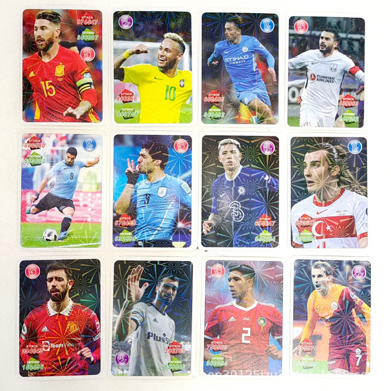 Tarjetas de fútbol estrella de la Copa del Mundo de dibujos animados Europa League Tarjetas de estrellas periféricas Tarjetas de inglés 36 paquetes de tarjetas láser
