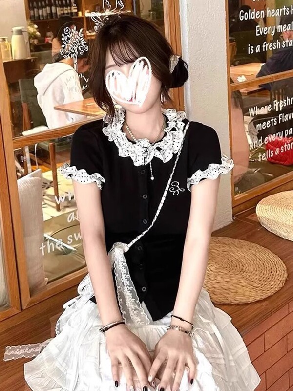 韩系甜妹花边刺绣短袖T恤女夏季新款短款修身正肩百搭休闲上衣ins|undefined