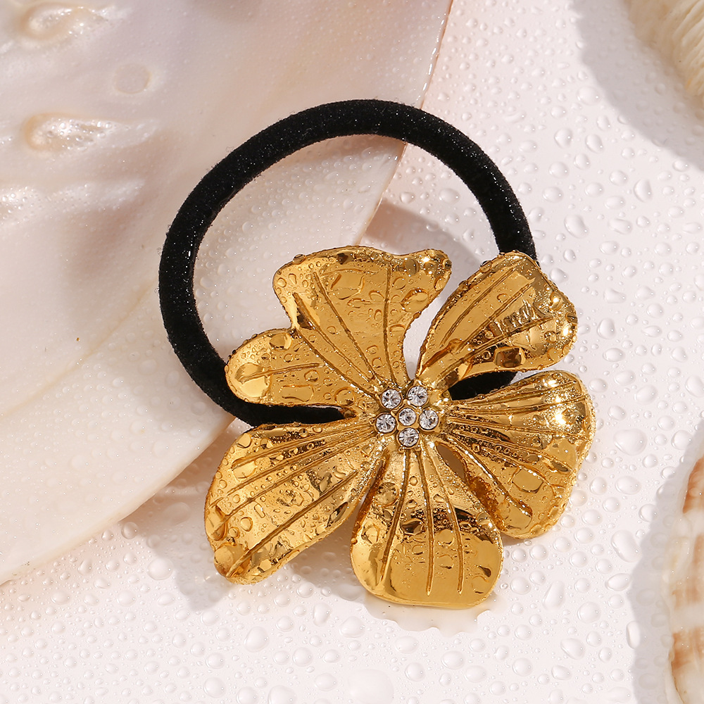 Unisex Mode temperament nische retro persönlichkeit haar zubehör edelstahl vergoldet blumen mit diamant haar seil weibliche_voghion.com