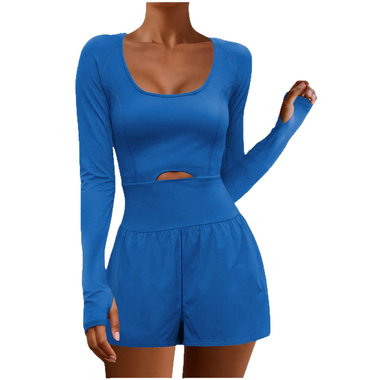 Transfronterizo europeo y americano sexy Hollow deportes ropa de mujer Amazon cintura-apretado moda manga larga al aire libre color sólido bolsillo mono