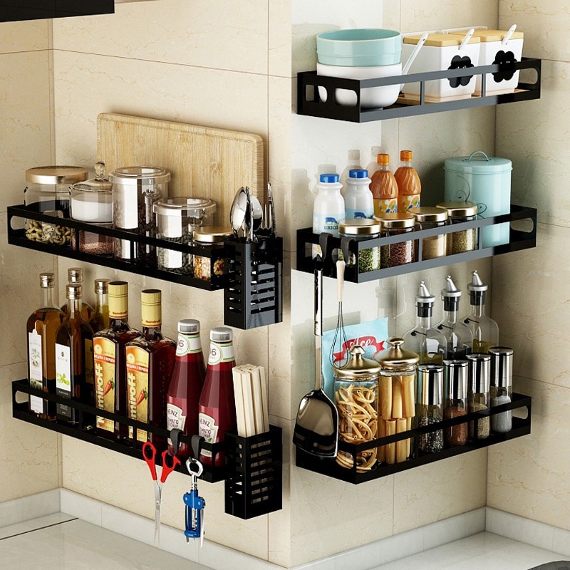 不鏽鋼黑色調料架子收納壁掛壁式免打孔油鹽醬醋調味瓶廚房置物架