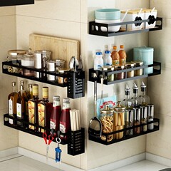 不鏽鋼黑色調料架子收納壁掛壁式免打孔油鹽醬醋調味瓶廚房置物架