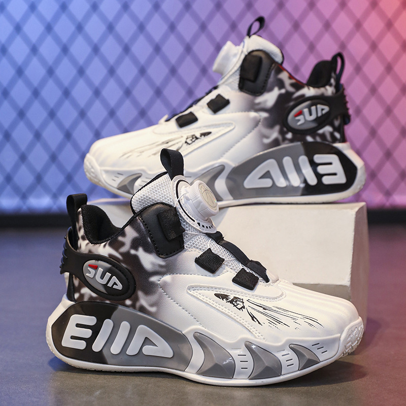 Zapatos de baloncesto para niños primavera y otoño nuevo botón de malla blanca zapatos deportivos fricción sonido zapatos de carrera