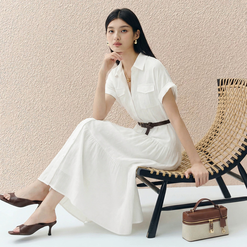 2026 Summer New Style Light and Sophisticated Simple Style Waist-Cinching Commuter Suit Collar Mid-Length Skirt