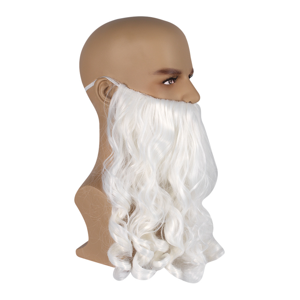 Synthetische Perücke, weiße, lange lockige Haare, bärtige Weihnachtsmann-Perücke_voghion.com