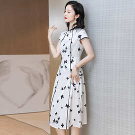 2312真丝短袖连衣裙蝴蝶印花修身显瘦改良旗袍优雅气质桑蚕丝裙子