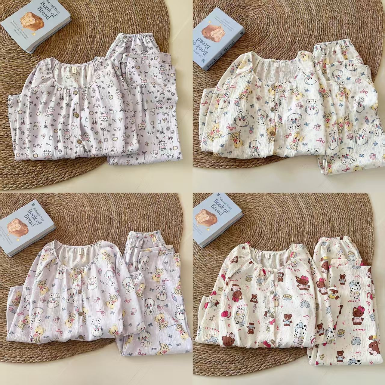 Al por mayor transfronterizo primavera y otoño nubes de algodón doble pijama de cuello largo de manga larga de mujeres cardigans de dibujos animados de alta calidad conjunto de ropa para el hogar