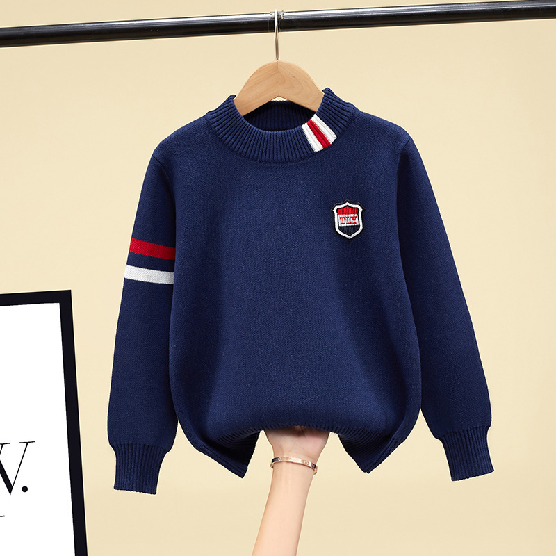 Boys' Spring and Autumn Sweater Children's Korean Knitted Sweater Boys Autumn and Winter fleece-lined Thickened Base Top