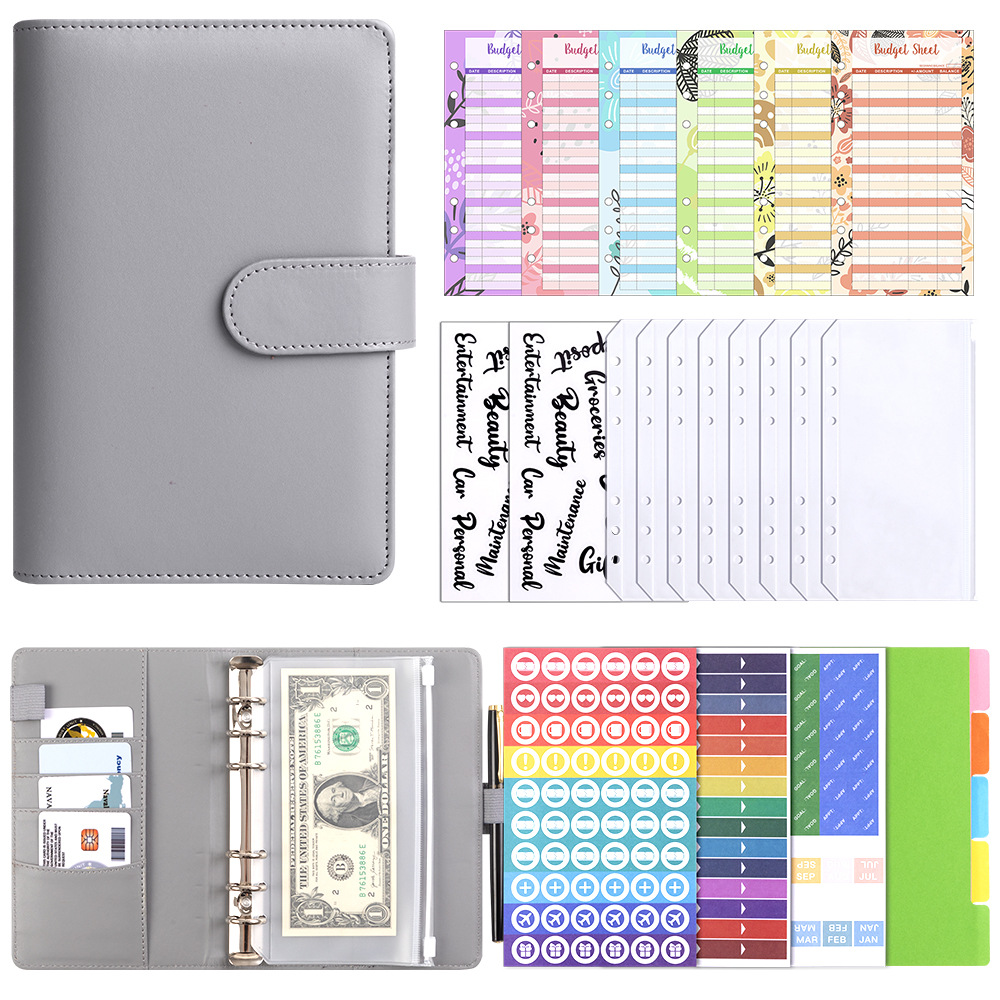 Presupuesto transfronterizo Cash Clip de hojas sueltas Bolsa con cremallera Sobres Libro de cuentas A6 Macarons PU Cuaderno de hojas sueltas de cuero