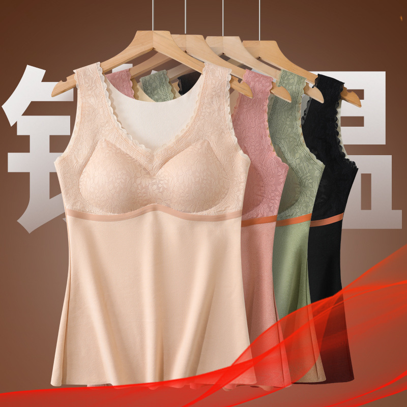 Ropa interior térmica de encaje sin costuras camiseta engrosada de mujer con almohadilla en el pecho chaleco térmico interior autocalentable de terciopelo de doble cara