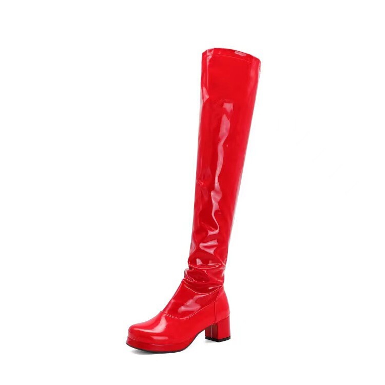 2023 autumn and winter high-top slimming personality versatile candy-colored patent leather thick heel patent leather long over-the-knee women's boots