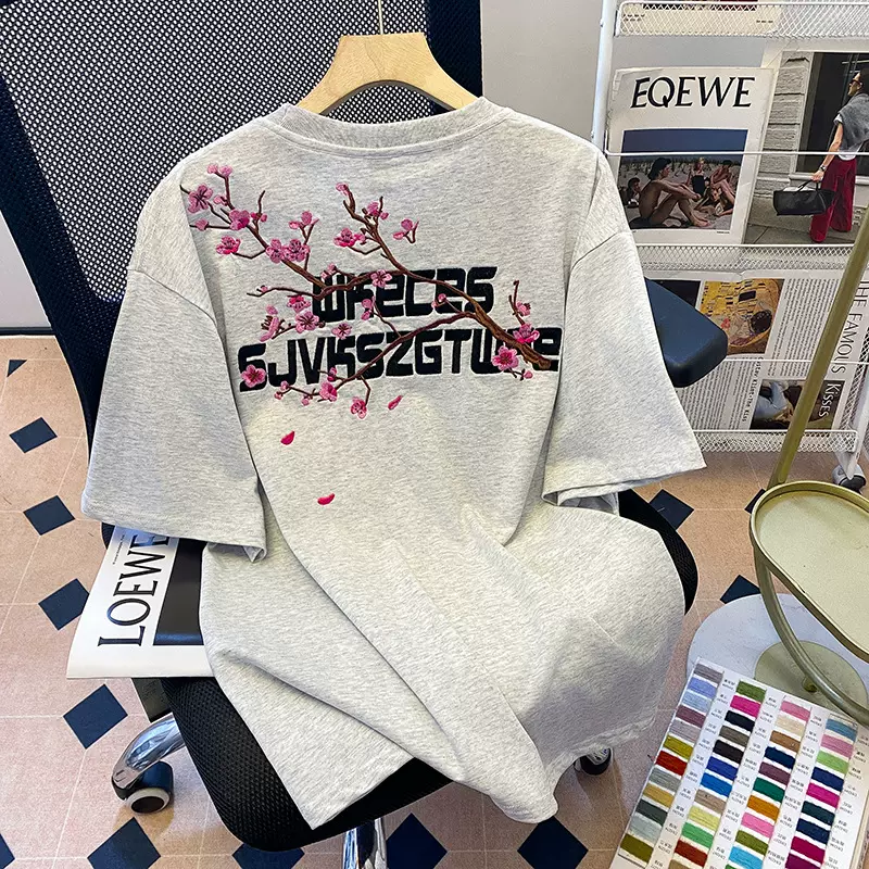 重工刺绣时尚短袖t恤女夏季美式复古潮牌设计感小众宽松圆领上衣