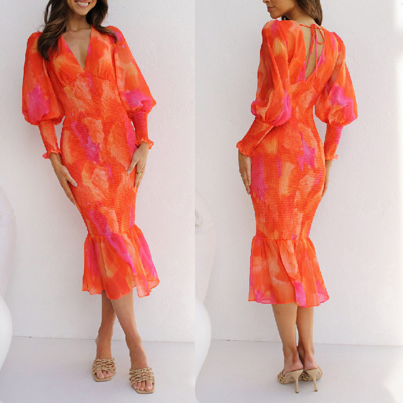 V-Neck Printed Ruffles Strap Midi Dress