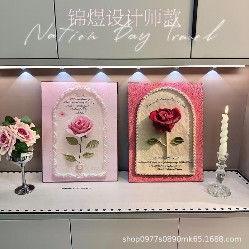 Ins Style Rose Decorative Painting High-End Desktop Cupboard Dresser Painting Cream Style Living Room Bedroom Hanging Painting