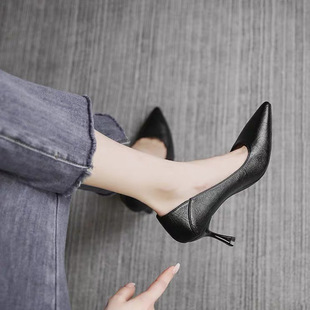 Soft leather black work shoes women's shoes fine heel 2025 new soft leather comfortable professional office worker interview high heel shoes