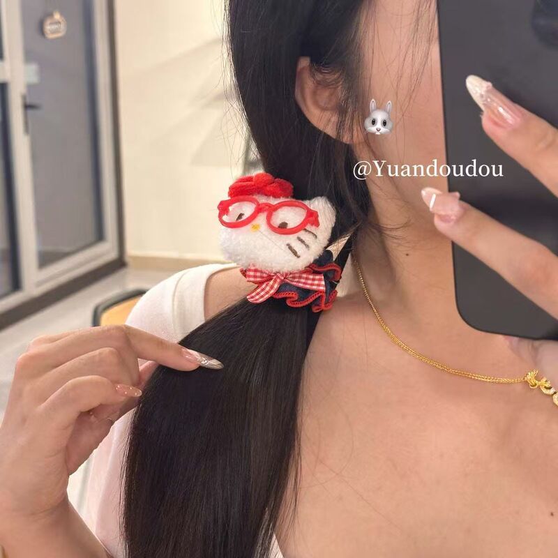 かわいい昔ながらのメガネキティ猫デニムヘアバンド女の子シンプルなポニーテール高弾性ヘアロープゴムバンド|undefined
