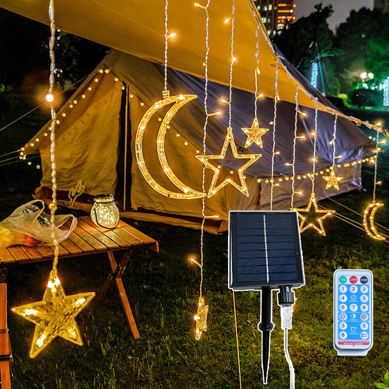 Solar LED estrella cortina luz Luna ins habitación decorativa luz al aire libre patio solar estrella Luna luz cadena
