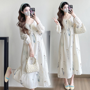 Spring 2025 new French flower heavy embroidery temperament waist pregnant women dress
