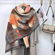 秋冬国风植物花卉新款风景画典雅女士仿羊绒保暖围巾时尚复古披肩