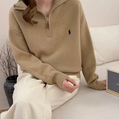 韩系小众刺绣图案半拉链翻领套头毛衣女秋季宽松百搭针织衫上衣