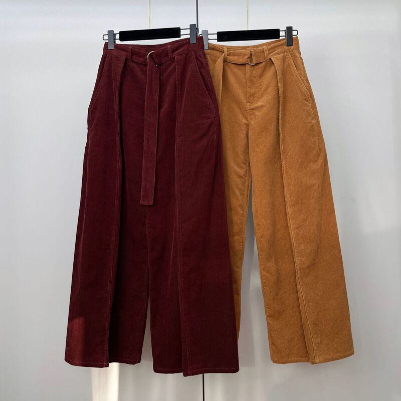 High-Quality Heavy-Duty Burgundy Corduroy Wide-Leg Pants with Drawstring Waistband, Pleated Silhouette, Straight-Cut Pants for Both Men and Women, Trendy