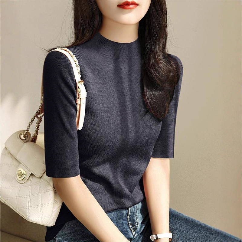 Gray Base Shirt for Women, High-End Half-High Collar, Five-Quarter Sleeve, Slim-Fit Mid-Sleeve Top, Knitted T-Shirt A7691